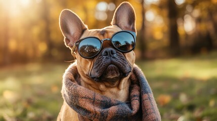 Obraz premium Stylish French Bulldog Wearing Sunglasses and Scarf Posing Outdoors in Autumn