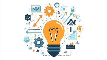 A flat design illustration featuring a light bulb with rotating gears inside, with upward arrows and growth icons around it, highlighting the concept of ideas driving progress 