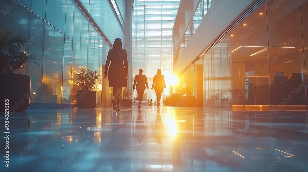 Poster business people walking in the corridor of an business center pronounced motion blur crowded bright 