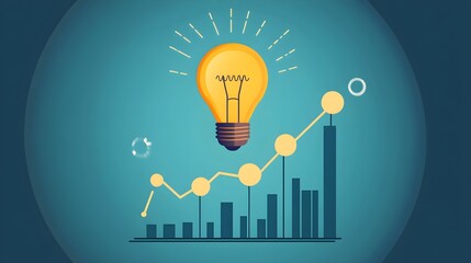 A flat design illustration of a glowing light bulb positioned above a rising graph with upward trends, symbolizing the connection between innovative ideas and business growth 