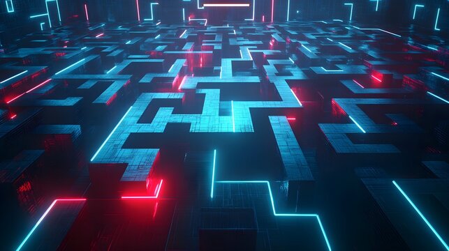 A futuristic 3D maze with a search bar positioned above, directing users with glowing pathways and markers through the maze, symbolizing effective navigation and search engine assistance 