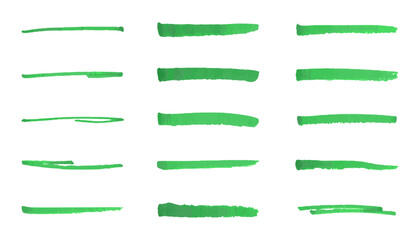 Set of underline, highlight, lines and stripes hand drawn by green marker. Transparent stylish textured  lines  collection. Vector graphic design elements  isolated on white background