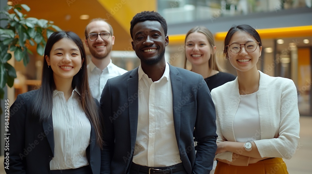 Poster Multicultural group of business people in a modern office standing together and smiling at the camera They represent a successful startup company with a friendly and creative work envi : Generative AI