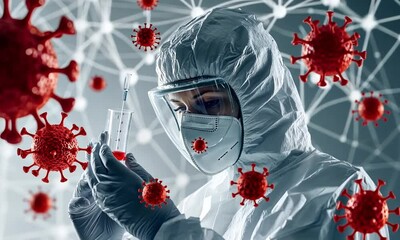 A scientist in protective gear analyzes a vial, surrounded by virus illustrations. - Powered by Adobe