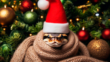 Obraz premium Close up of festive snake wearing Santa hat. Christmas and New Year concept