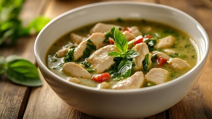 Thai food Chicken green curry in a white bowl placed on a wooden table Popular authentic Thai food concept : Generative AI