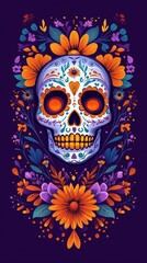 Sugar Skull Surrounded by Marigold Wreath on a Purple Background, Ideal for Halloween and Dia De Los Muertos Mobile Phone Wallpaper
