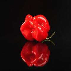 Hot pepper. Close-up of red hot pepper reflected on dark surface