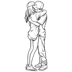 Romantic Couple Hugging Line Art Illustration