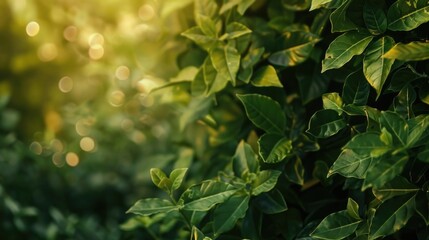Obraz premium green leaves with sunlight bokeh background in natural spring garden closeup view