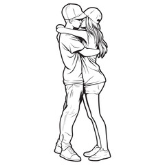 Romantic Couple Hugging Line Art Illustration