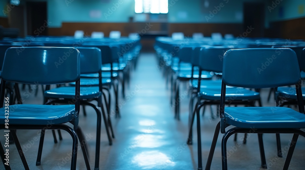 Poster empty school class before final exams desks and chairs are neatly arranged in three rows overall pla
