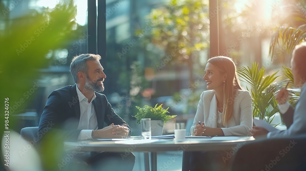 Aufkleber business people negotiating a contract discussing contract while working together in sunny modern of