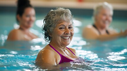 Senior women enjoying an aquatic fitness class in a swimming pool  
