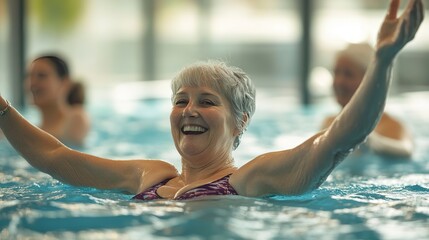Senior women enjoying an aquatic fitness class in a swimming pool  