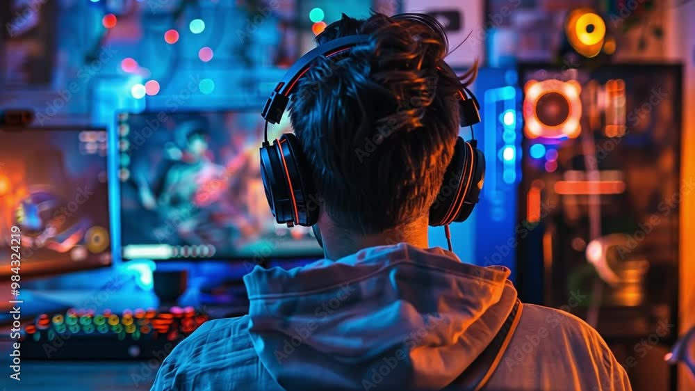 Poster a dedicated gamer is focused on gameplay, surrounded by colorful led lights and multiple screens in 