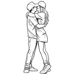 Romantic Couple Hugging Line Art Illustration