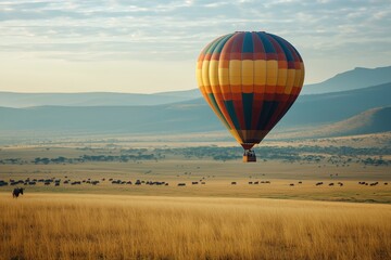 Hot air balloon floats above the Serengeti at sunrise