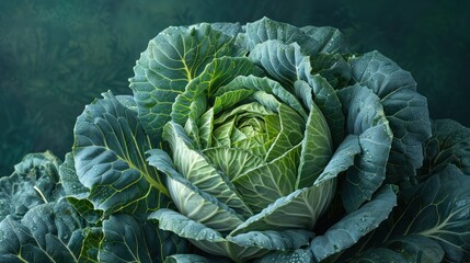 Obraz premium Lush green cabbage showcases its intricate layers under soft natural light in a serene garden setting. Generative AI