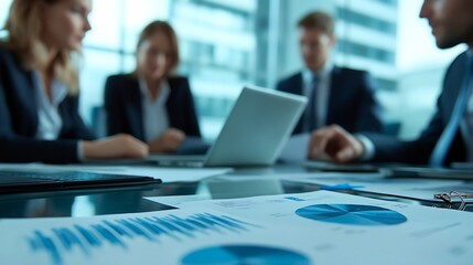 Group of business people meeting about business plans Presenting and explaining financial charts of partners from papers graphs and data on laptop computer at office : Generative AI