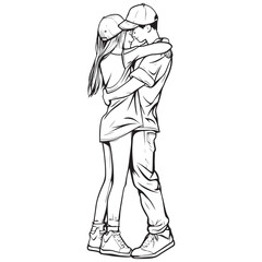 Romantic Couple Hugging Line Art Illustration