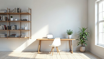 A minimalist study room with bookshelves, a desk, and warm natural light.






