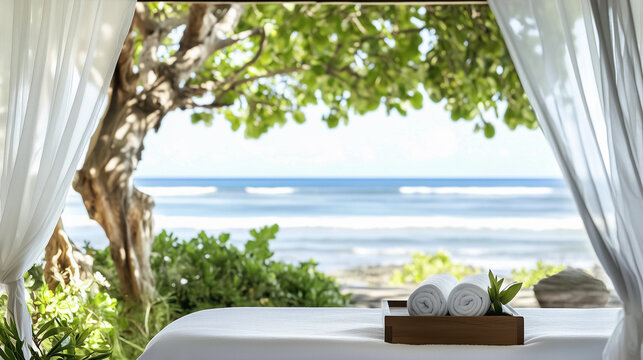 Tropical beach spa setup with white towels and seashells overlooking the ocean through flowing curtains, surrounded by lush greenery. Relaxing coastal retreat in a tropical paradise.