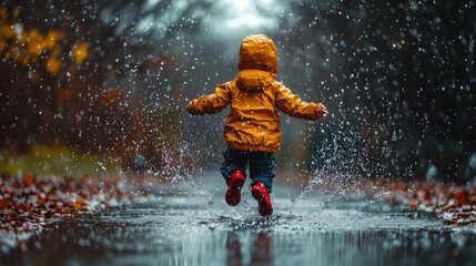 Child Jumping in Puddles on a Rainy Day
