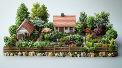 Fototapeta premium Organic permaculture garden, diverse crops and structures, 3D illustration, isolated on solid background