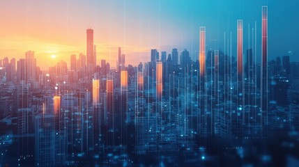 Obraz premium Business growth bar chart with metallic bars in ascending order, placed on a digital interface with a city skyline background.