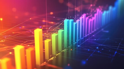 Fototapeta premium Business growth chart with a rainbow-colored bar graph on a futuristic, tech-themed background, symbolizing innovation and progress.