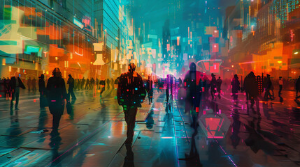 Blu silhouette of people walking in the city