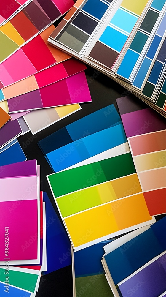 Poster a flat lay of various color swatches on a dark surface, showing a wide range of colors for design an