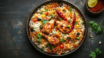 indian chicken biryani Spicy chicken biryani food photography : Generative AI