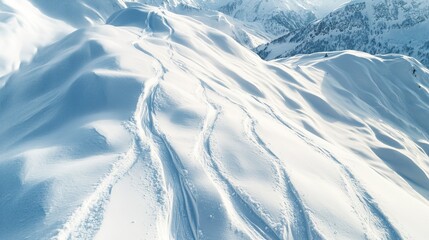 Fototapeta premium Pristine snowy mountain with fresh ski tracks weaving through powder 