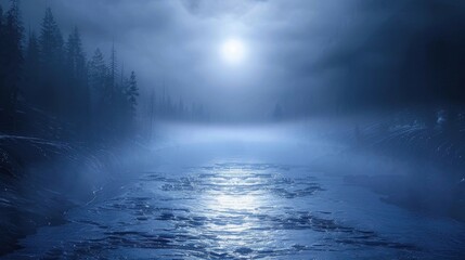 Fototapeta premium Misty lake with moonlight reflection creating peaceful nighttime water scene