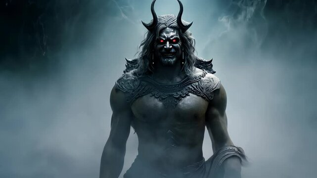 Dark, muscular demon-like figure with glowing red eyes and horns, standing in a misty atmosphere.