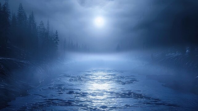Misty lake with moonlight reflection creating peaceful nighttime water scene