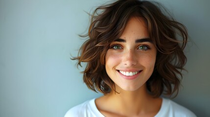Cheerful Young Woman Smiling Curly Hair Green Eyes Natural Light Portrait | AI Generated