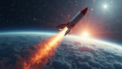 Obraz premium Realistic image of a rocket that flies into space. World Space Week.