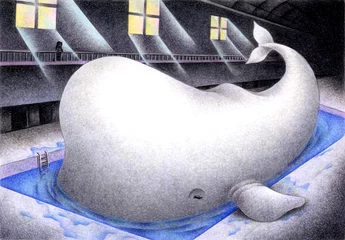 Fotobehang Hokusai The Great Wave SFイラスト・手描き・色鉛筆画 - 白鯨・マッコウクジラ・体育館・プール・巨大  © T-KONI