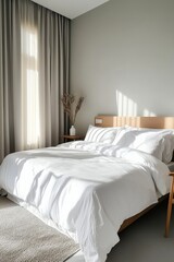 Fototapeta premium A serene bedroom with minimal decor and neutral tones, reflecting the calm and tranquility of a minimalist living space