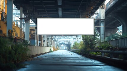 Obraz premium Long white empty signboard hanging on concrete urban bridge for commercial information and advertise message : Generative AI