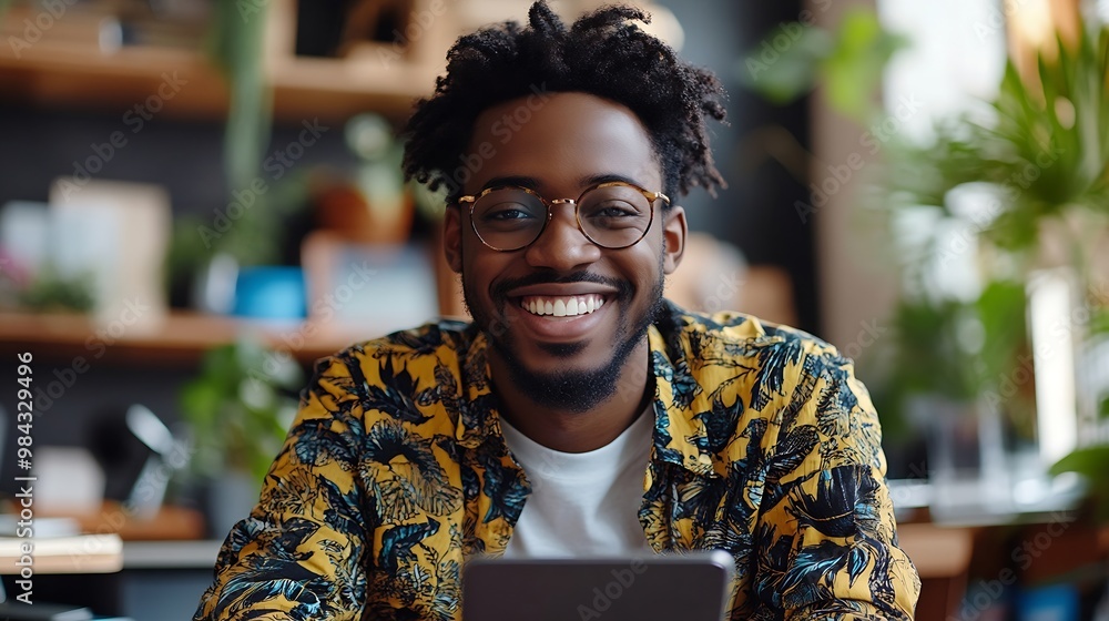 Aufkleber black man smile and laptop in office with smartphone for web design online project and social media 