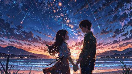 Anime Couple Under a Magical Starry Sky with Glowing Orbs of Light