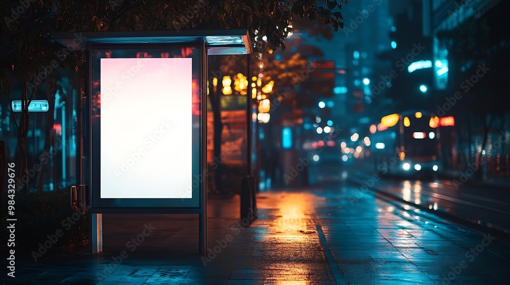 Poster mock up of blank white vertical light box on a bus stop in a city at night : generative ai