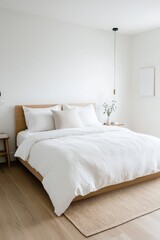 A serene bedroom with minimal decor and neutral tones, reflecting the calm and tranquility of a minimalist living space