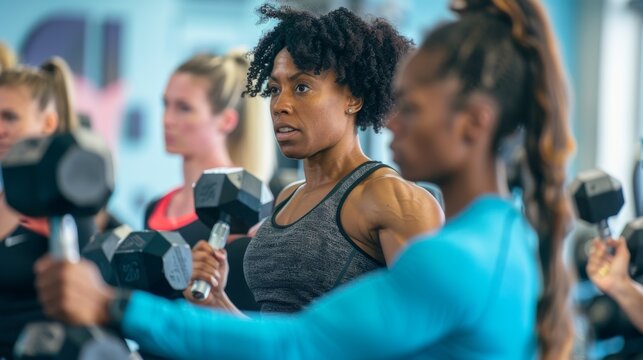 A group of women enjoying a challenging dumbbell workout session together, sweating it out in a supportive gym environment