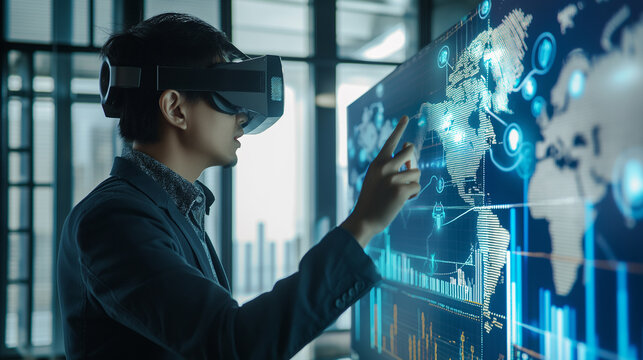 businessman using virtual reality technology for online trading in modern office, online digital business concept 