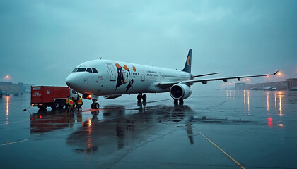 Fototapeta premium Passenger aircraft being refueled at an airport with a reflective tarmac and drizzly weather.